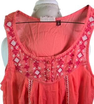 SO  Tank Blouse Embroidered Sheer Coral Sz. Sm. Fairy Garden Whimsygoth Cottage